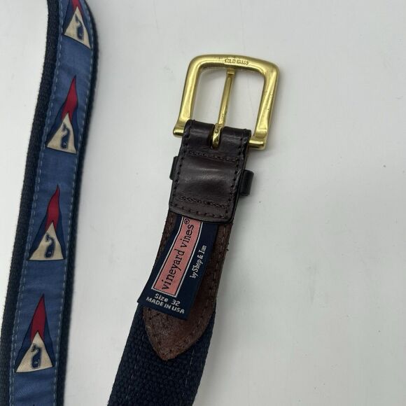 VINEYARD VINES Flag Whale Canvas Club Belt Size 32 Brown Leather USA Nautical - Picture 3 of 3